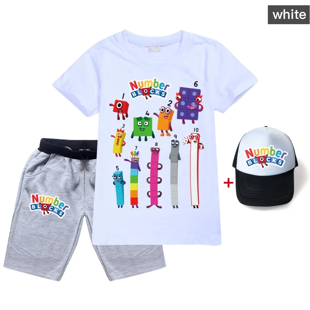 Kids Clothes Set Short Sleeve T Shirts Number Blocks T-shirt Children's Clothing Boys Tshirt+short Pant+Hat 3Pcs Teen Girls Tops