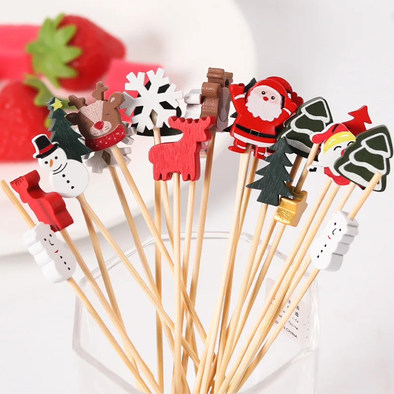 

50/100Pcs Christmas Bamboo Skewer Cocktail Picks Cupcake Topper Disposable Food Dessert Toothpicks New Year Party Decor Supplies