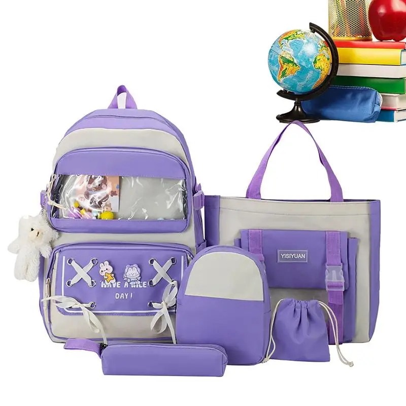 

Aesthetic Backpacks For School 5 Piece Cute Aesthetic School Backpacks With Pins And Plush Pendants Large Capacity Backpack