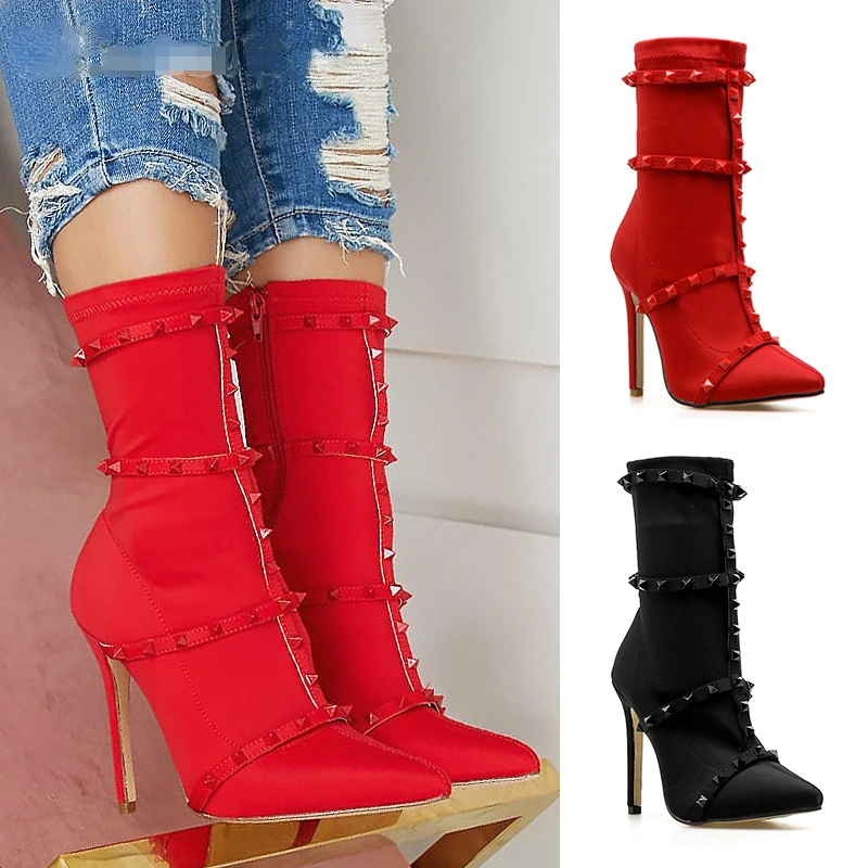 

Luxury Women High Heels Boots Fetish Rivets Silk Sock Boots Sexy Ladies Stilettos Ankle Boots Scarpins Studded Red Autumn Shoes