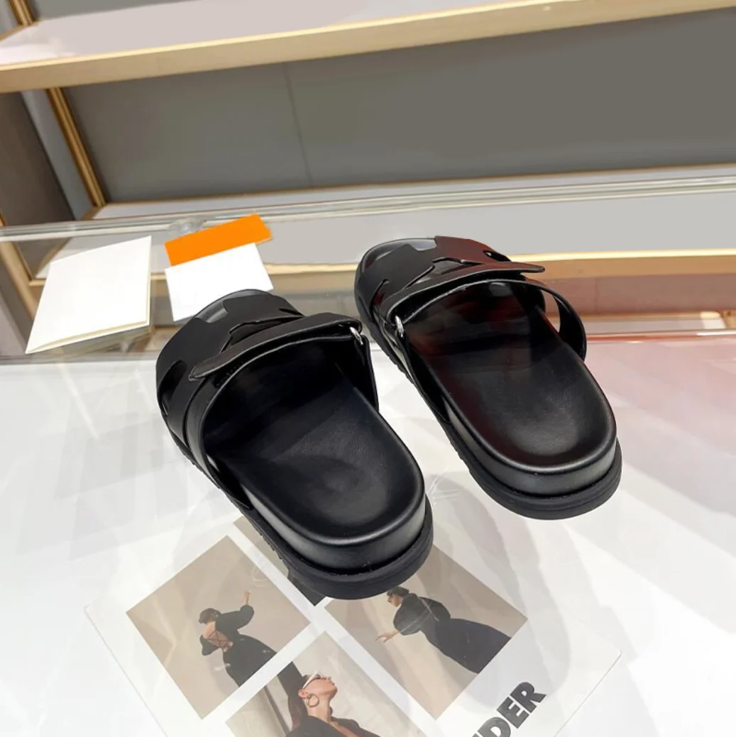 2023 New Couples Flat Plush Leather Women's Leisure Slippers Men's Roman Sandals In The Summer Peep-Toe Shoes On Foot