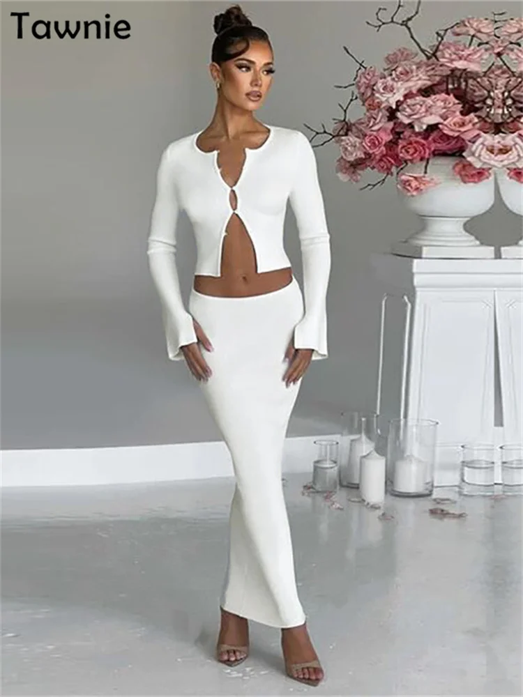 

Tawnie Autumn Women Two Piece Set Outfits Ribbed Single-btrasted Long Sleeve Tops And Long Skirt Sexy Bodycon Knit Skirt Sets