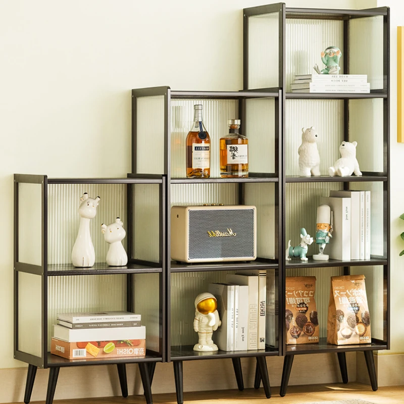 

Bookcase Modern Minimalist with Door Dustproof Grid Cabinet Solid Wood Bookshelf Narrow Cabinet Storage Floor Standing Storage