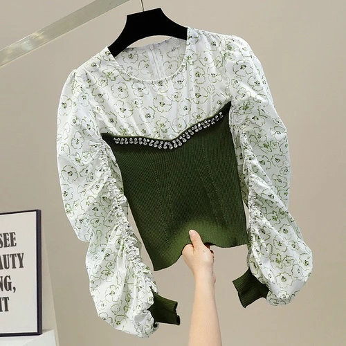 

Women's Top Exquisite Rhinestone Fashion Knitted Patchwork Retro Pleated Puff Sleeve Shirts 2022 Spring All-Match Slim-Fit