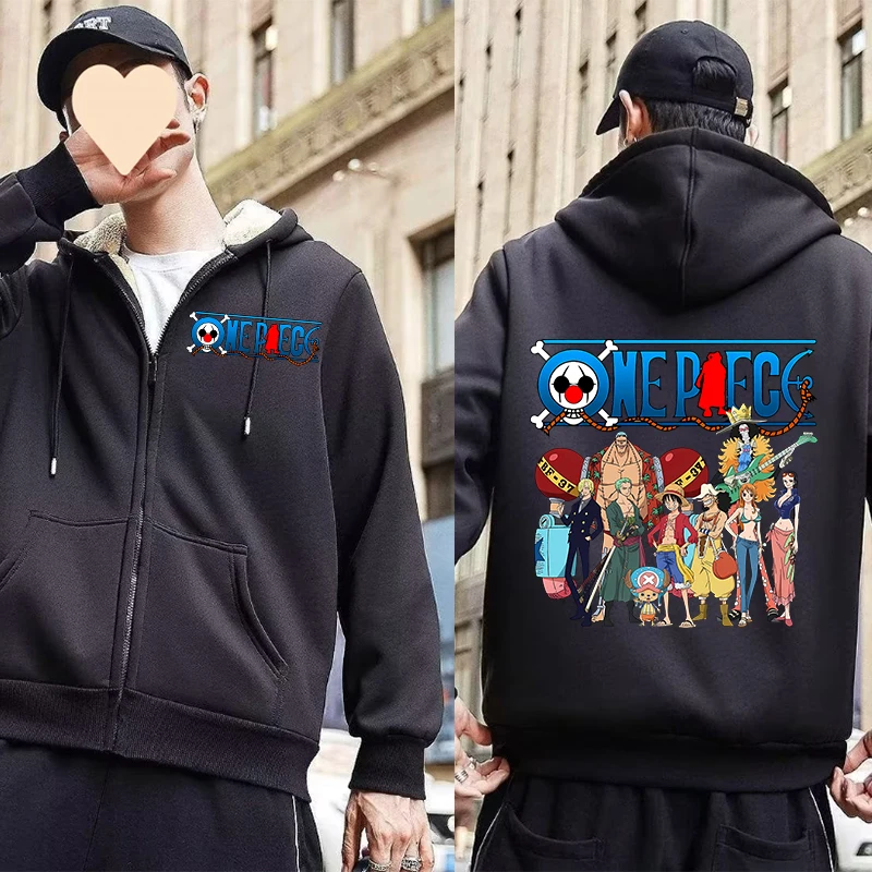 One Piece Sweatshirts Anime Luffy Zoro with Berber Fleece Sweater Fashion Women Men Hooded Sportswear Coats Cardigan Warm Jacket