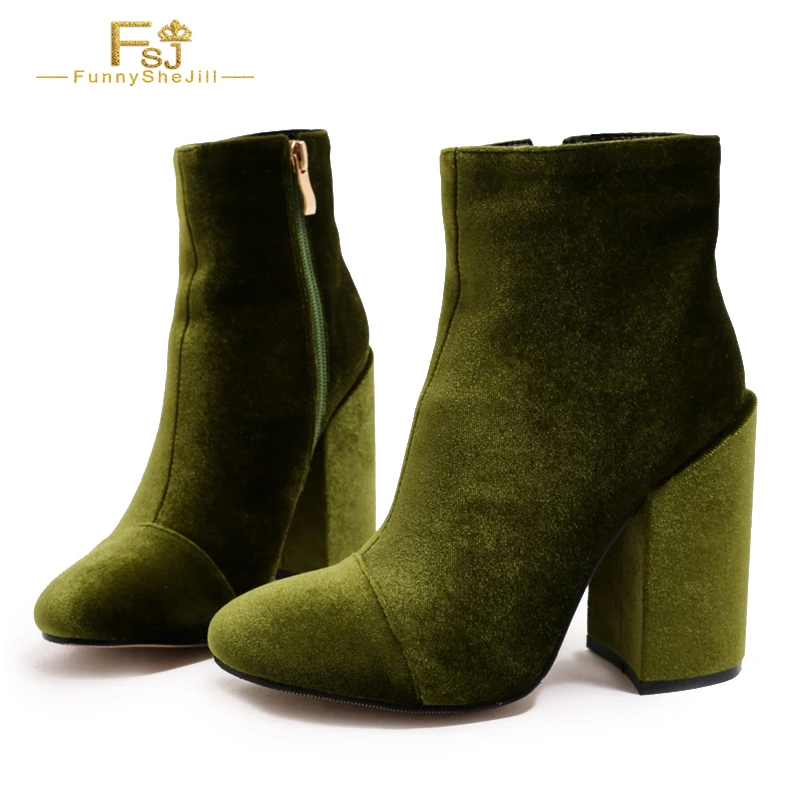 

Round toe corduroy block heel booties women's side zipper high heel booties comfort booties