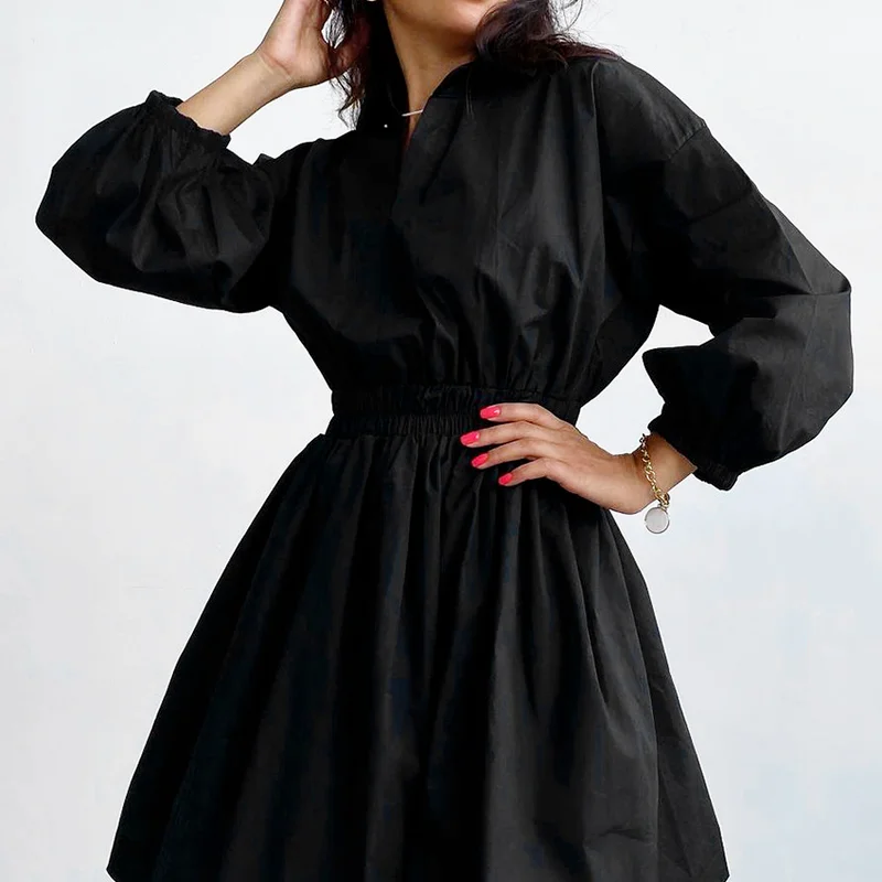 

New Cotton Elegant Female Autumn High Waist Shirt Dress Women Lantern Sleeve V-Neck Ball Gown Mini Dress Solid Pleated Dresses