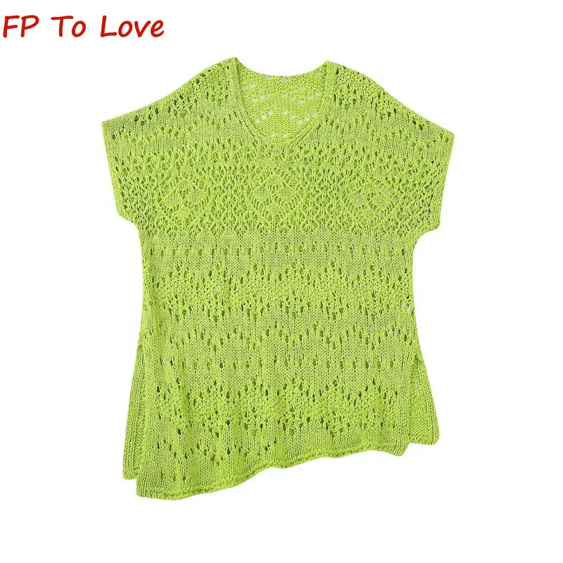 

OOTD 2023 Spring Summer Green Jacquard Mesh Knit Loose Short Sleeve Top V-Neck Cutout Streetwear Women 5802060 539