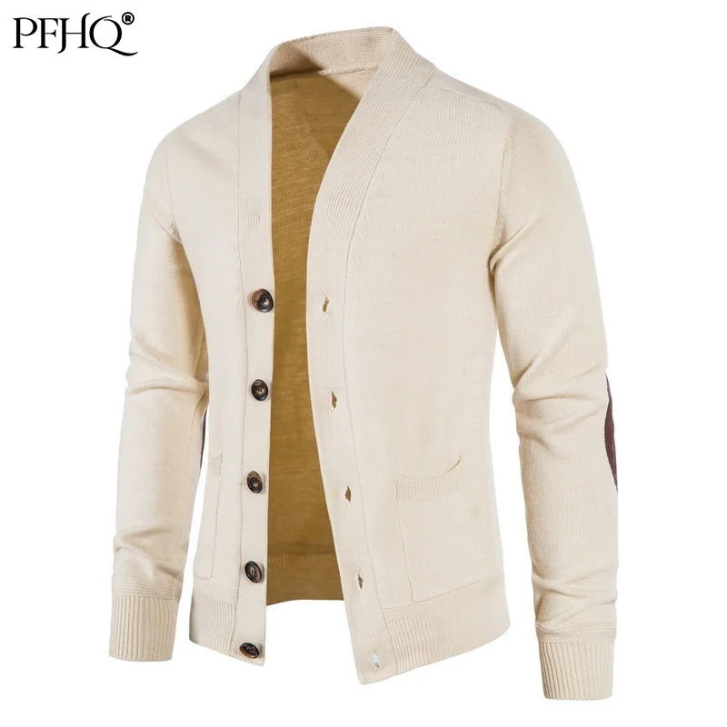 

PFHQ Men's Casual Loose Personality Cardigan Single-breasted V-neck Long Sleeve Splicing Autumn Thicken Knitting Sweater 21Q2104