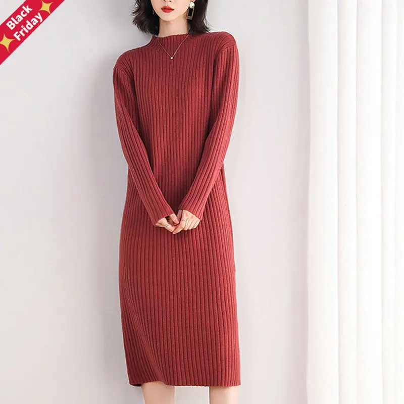 

New High Quality Sweater Dress for Women Knee-length Solid Color O-Neck Pullover Thick Autumn and Winter Brief Red Pink Black