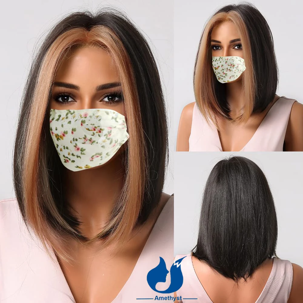 

Amethyst Highlight Blonde Straight Bob Human Hair 13x6 Lace Front Wigs Two Tone Hair Color Brazilian Remy Human Hair Pre Plucked
