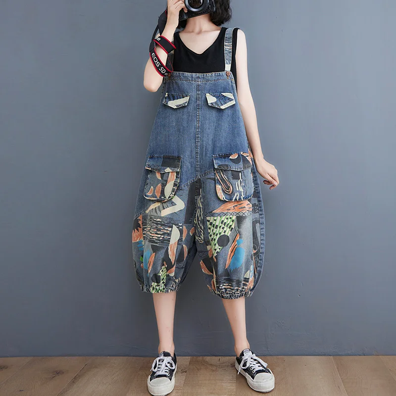 

#2385 Summer Black Blue Printed Jumpsuits Women Front Pockets Streetwear Denim Overalls Wide Leg Jumpsuits Ladies Calf-length