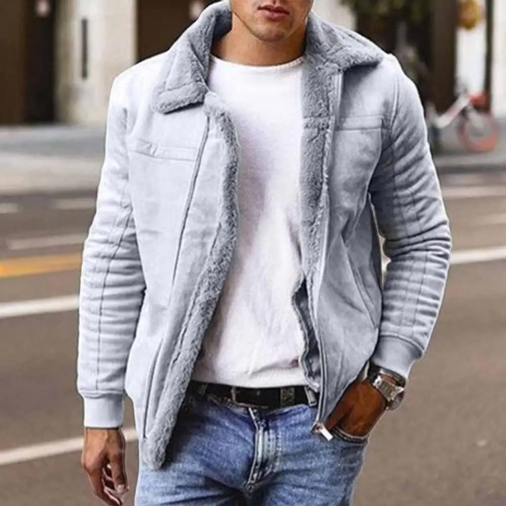 Men Winter Coat Zipper Fleece Thick Turn-down Collar Keep Warm Casual Plus Size Long Sleeves Retro Outdoor Coat for Motocycling