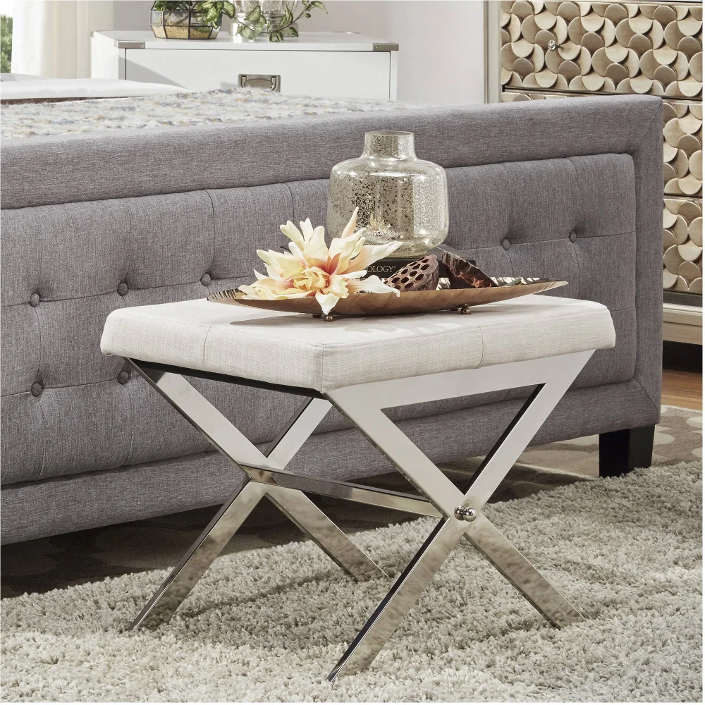 

Chelsea Lane Small Chrome X-Base Upholstered Ottoman Vanity Stool, Beige Stools & Ottomans