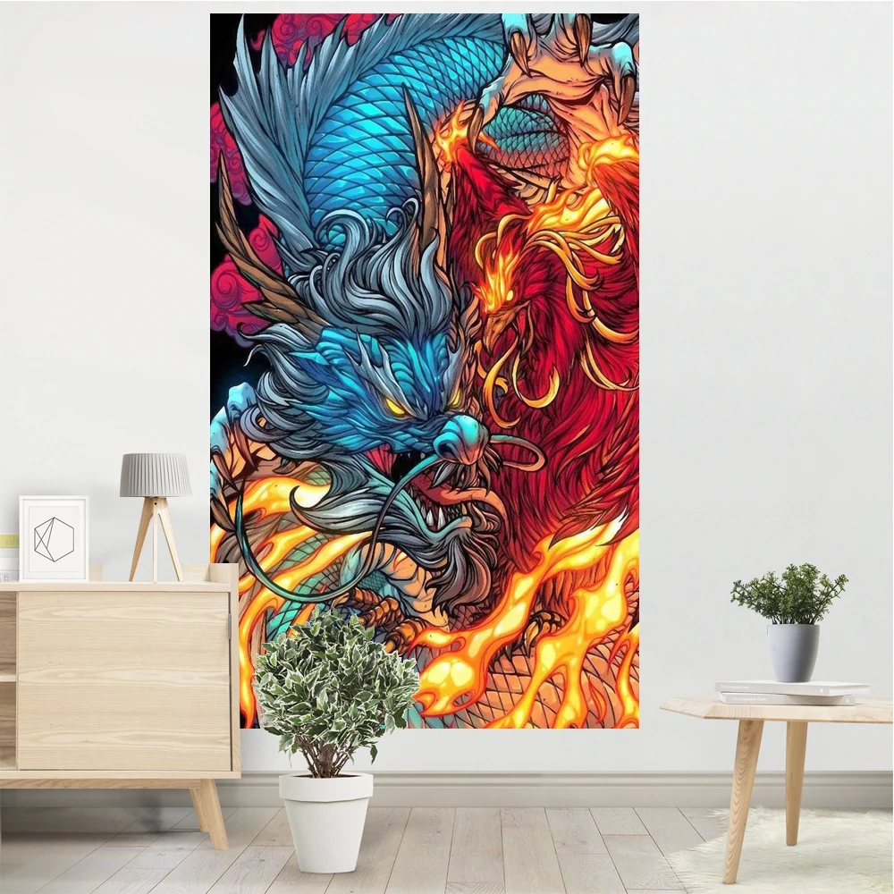 Oriental Dragon And Fire Phoenix Tapestry Mysterious Totem Cool Room Decoration