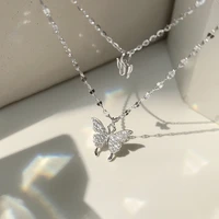 new silver shiny butterfly necklace for women exquisite double layer pendant clavicle chain necklace wedding party jewelry gifts
