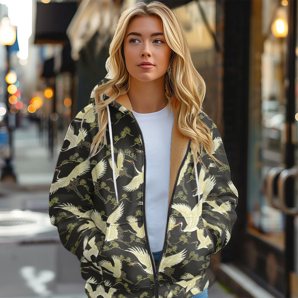 Women's Thick Hooded Jacket Sweatshirt Grus Japonensis Printed Simple Pocket Zipper for Winter and Autumn Outdoor Warmth