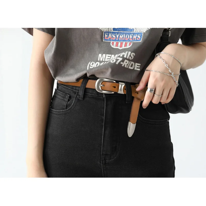 2022 New Ladies Luxury Retro Casual Top Layer Leather Thin Belt Alloy Pin Buckle With Denim Shorts Advanced Personality Belt