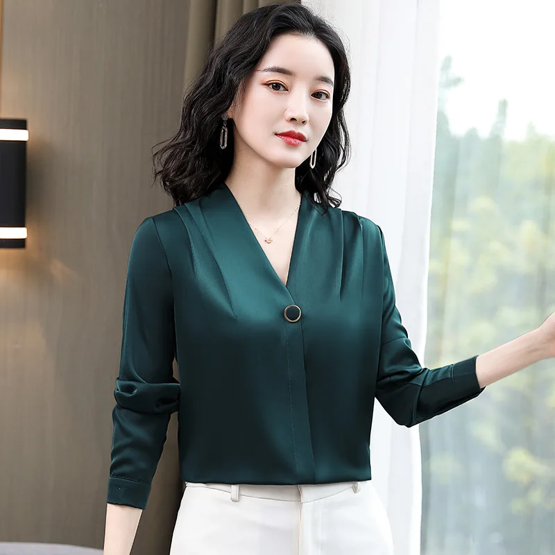 

Женская шелковая блузка с длинным рукавом, атласная блузка с V-образным вырезом, в Корейском стиле, 2022