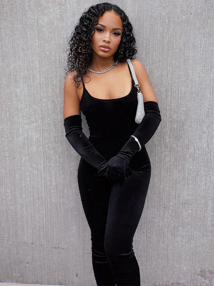 Ladies Sexy Club Wear Y2K Clothes Velvet Long Sleeve Backless Bodycon Skinny Jumpsuit For Women Sporty Streetwear Romper Outfits