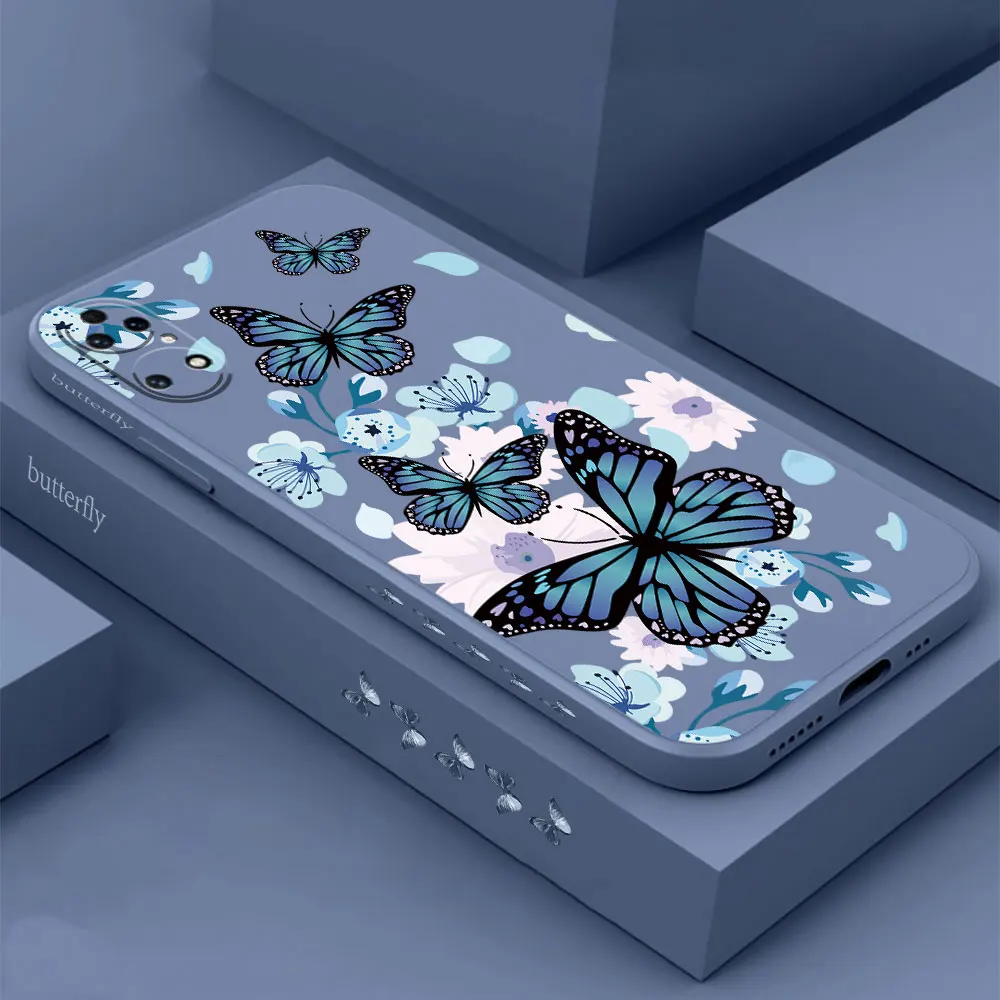 Lovely Red Blue Butterfly Phone Case For Huawei P60 P50 P40 P30 P20 Mate 50 40 30 20 20X 10 Colour Liquid Silicone Cover Funda