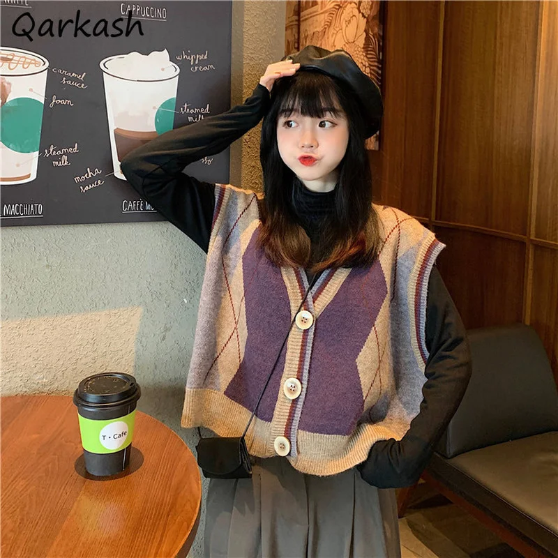 

Argyle Sweater Vests Women Baggy Autumn Korean Style Preppy Cute New Arrival All-match College Females Harajuku V-neck Design
