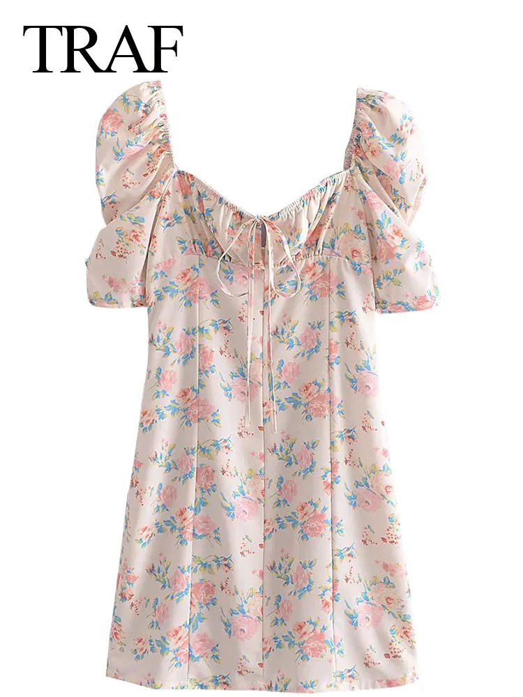 

TRAF Summer Women's Printed Floral Mini Dress Raglan Sleeves Square Neck Lace Up Backless Smocked Slim Fit Sexy Country Dress