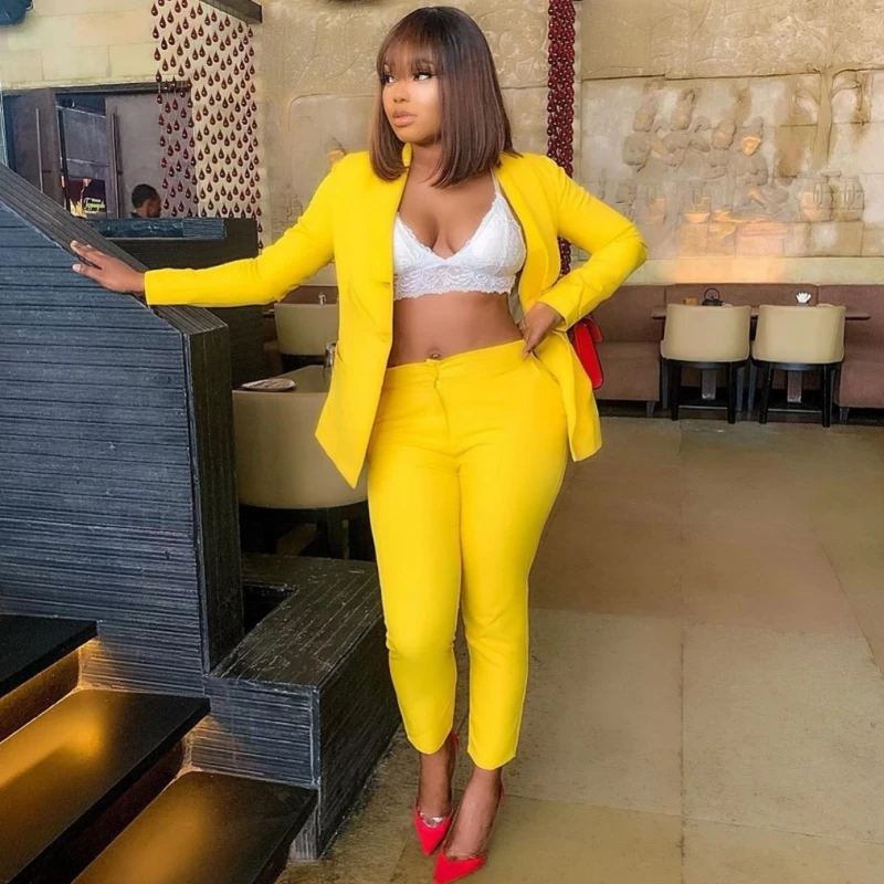 

Африканские женские комплекты, однотонный блейзер с длинным рукавом, пиджак, брюки, костюмы для офиса, женский элегантный комплект из 2 пред...