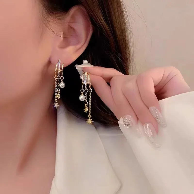 

Pearl Earrings Women's Summer New Fashion Trend Starburst Long Tassel Design Earrings Temperament Jewelry Party Gifts Wholesale