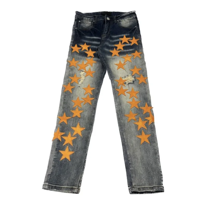 

Men's Slim Fit Streewear Denim Pants Leather Yellow Stars Patchwork High Quality Street Jeans