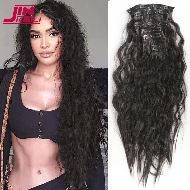 

JINKAILI Synthetic 7Pcs Clip in Hair Extensions Long Wavy Synthetic Fiber Hair Extensions Black Blonde Heat Resistant Fiber