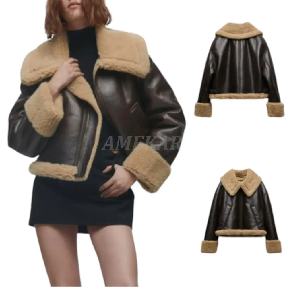 2022 Winter Woman Thick Warm Brown Faux Fur Leather Jacket Coat Female Casual Zipper Pockets Fashion Outwear Tops locomotive