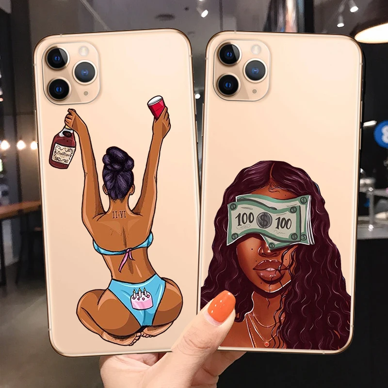 

Afro Girls Black Women Art transparent Case For iPhone 11 12 13 Pro Max XR XSMax X 7 8 6 Plus Make Money Cash Girl Soft TPU case