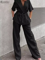 elegant office trouser suits zanzea 2pcs women summer casual wide leg pant sets laple neck short sleeve blazer top matching sets