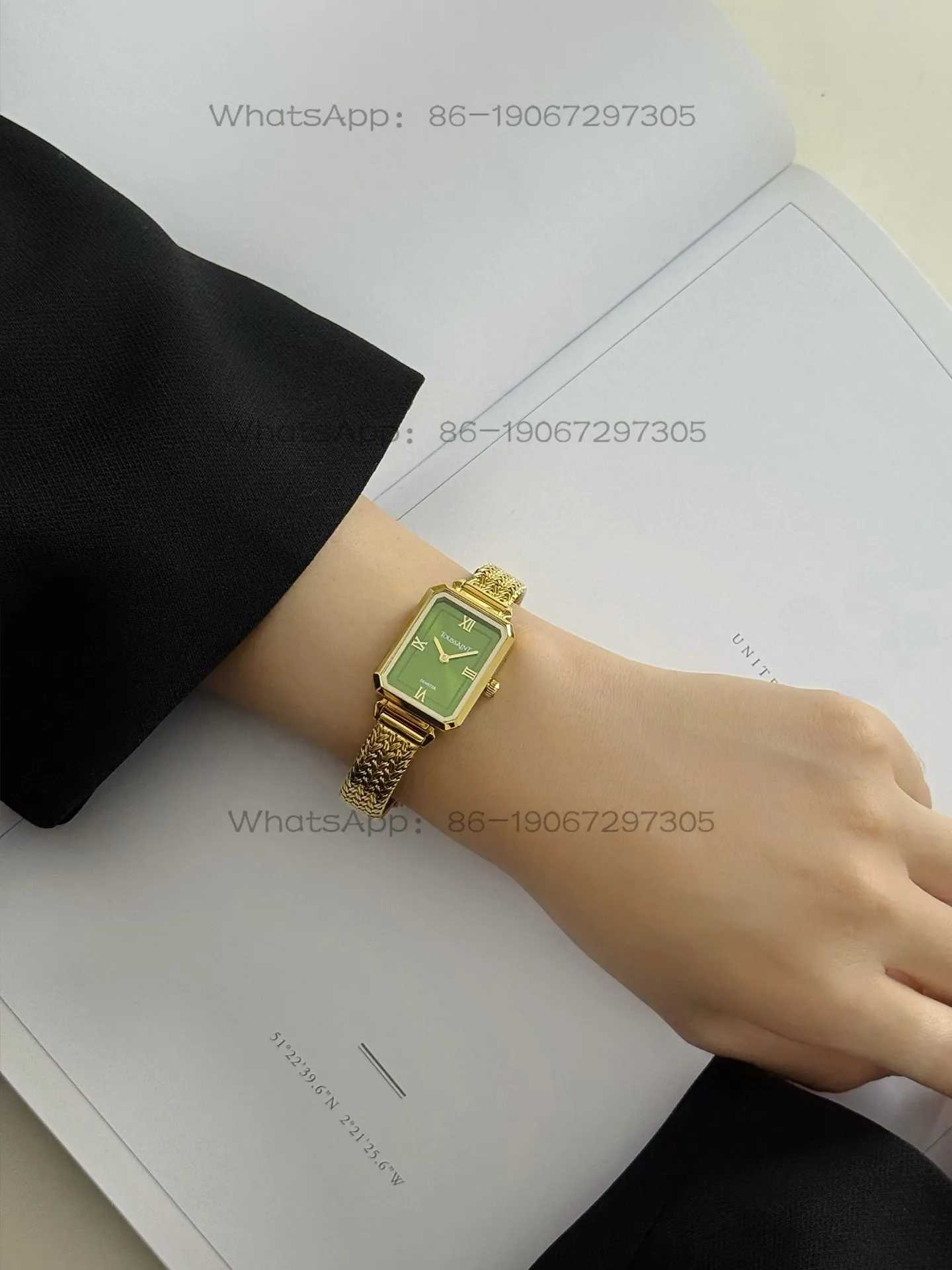 Фото Новые женские часы TOUSSAINT Gold Wheat Spike Sugar Cube, маленькие золотые часы Matsuno Green №2