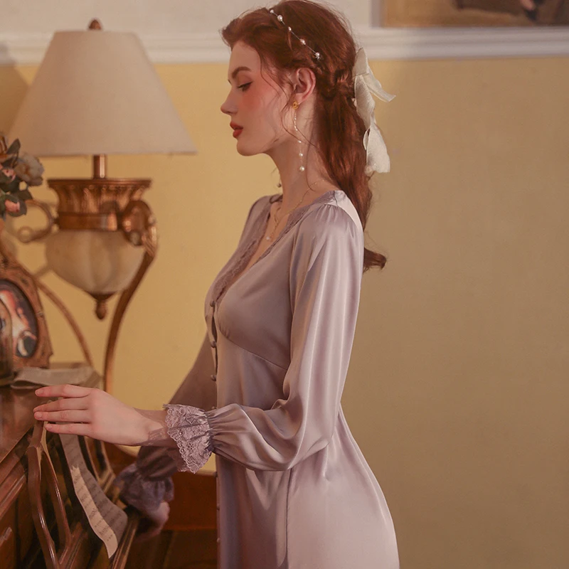 Solid Color Underwear Nightgown Long Pajamas Lace Long Sleeve Women Comfortable Sweet Homewear V-Neck Lingerie Casual Nightdress