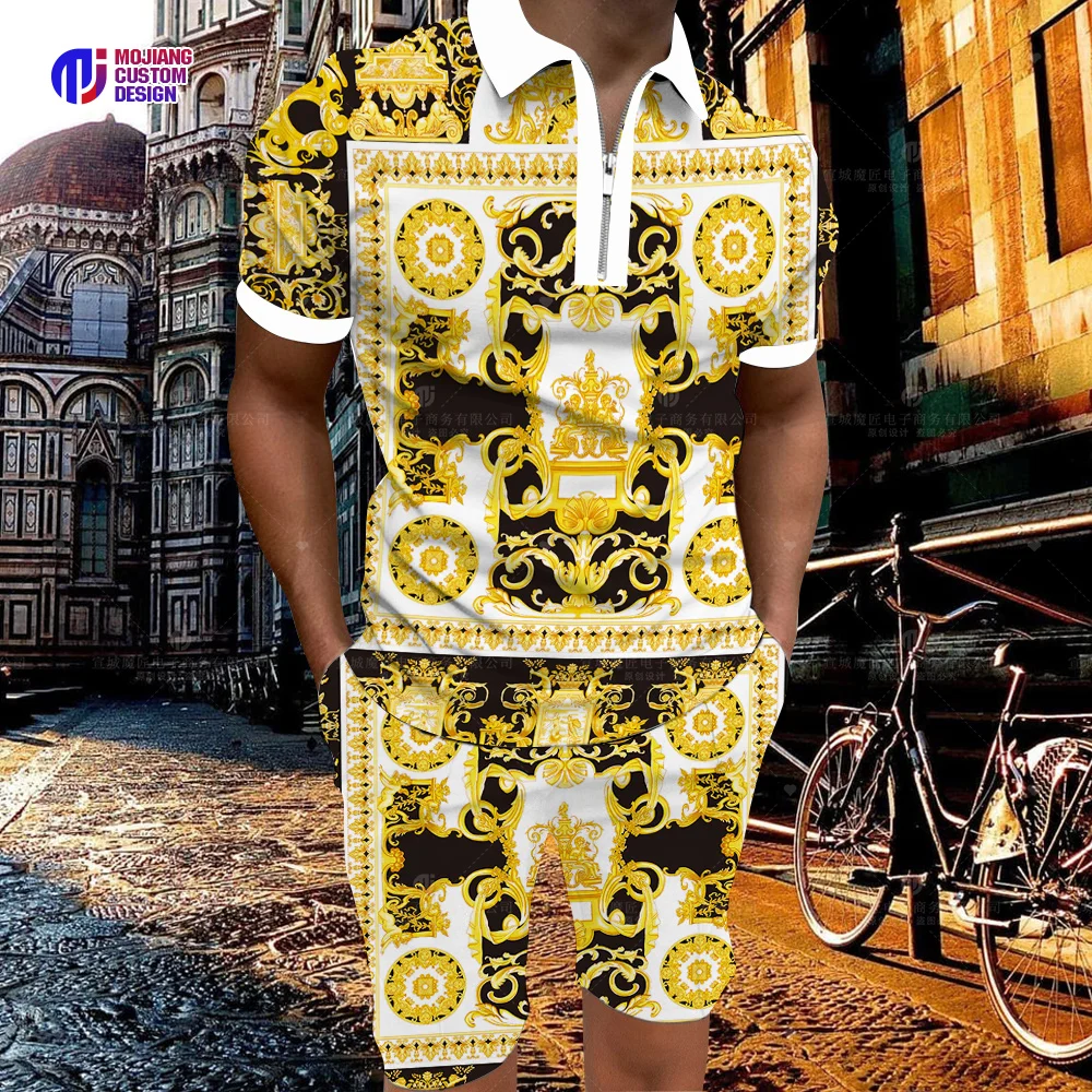 2023 Luxury Men's Polo Shirt Casual Brand Big Gold Chain Set 3d Color Printing Short Sleeve New T-Shirt Men's Lapel Zipper Short