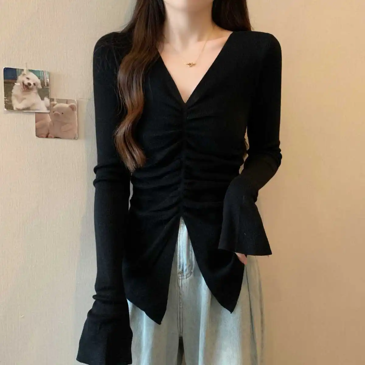 Женская трикотажная рубашка с V-образным вырезом большого размера