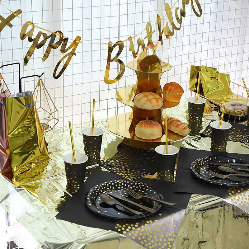 

Birthday Party Disposable Tableware Helium Foil Globos Black Gold Balloons Decorations Kids Ball Paper Party Supplies