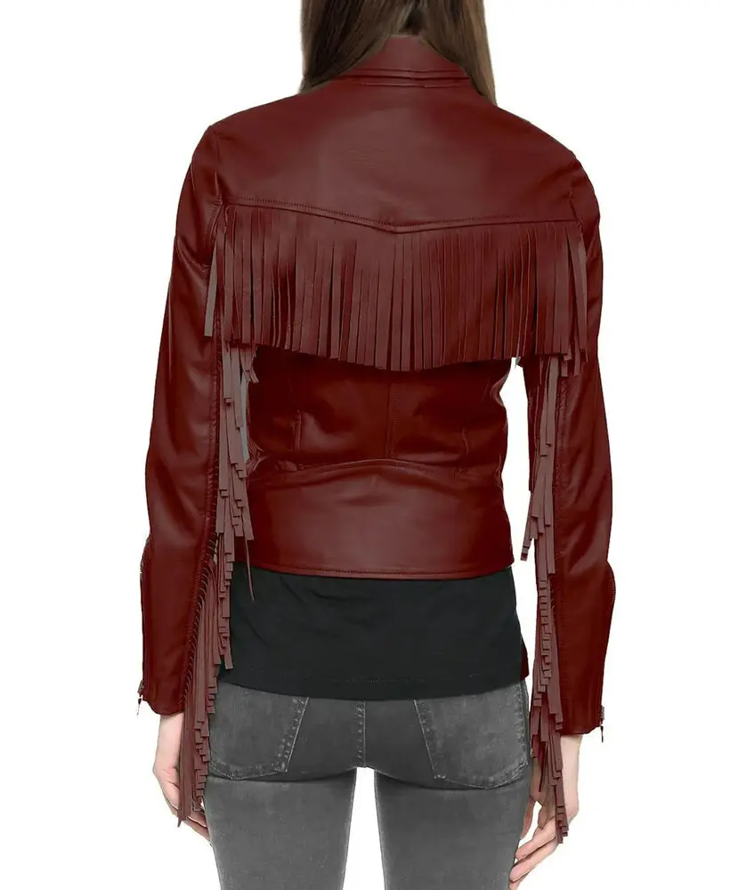 Women Leather Jacket Hippie Style Girls Coat Fringe Red Leather Coat Real Leather Jacket