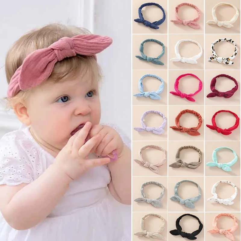 

Детские эластичные повязки для волос, милые детские тюрбаны с кроличьими ушками, мягкие хлопковые однотонные льняные аксессуары для волос