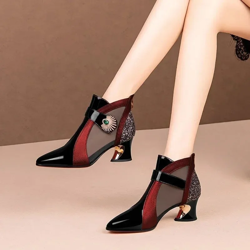 

Retro British Style Sandals Leather Boots Women 2023 Summer Mesh Breathable Sandals with Rhinestone Decoration Shaped Heels