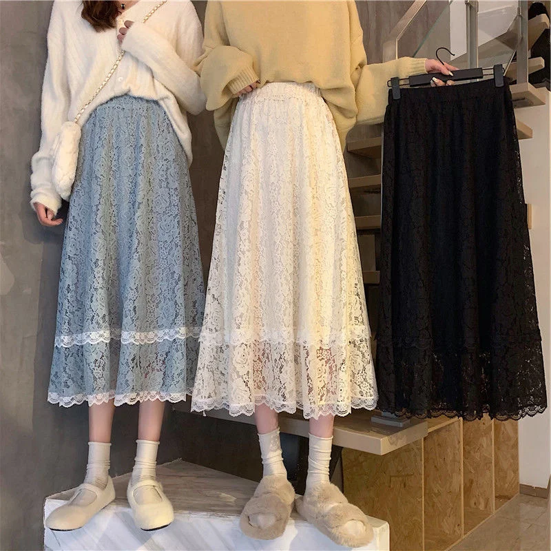 

High Waist Super Fairy A-line Lace Skirt 2022 New Autumn And Winter Medium Length Versatile Casual Streetwear Skirt