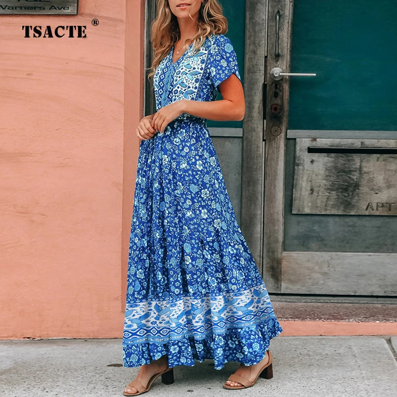 

Fashion Vintage V Neck Bandage Floral Dresses Summer Bohemian Casual Beach Short Sleeve Long Skirts Ladies Elegant Pleated Dress