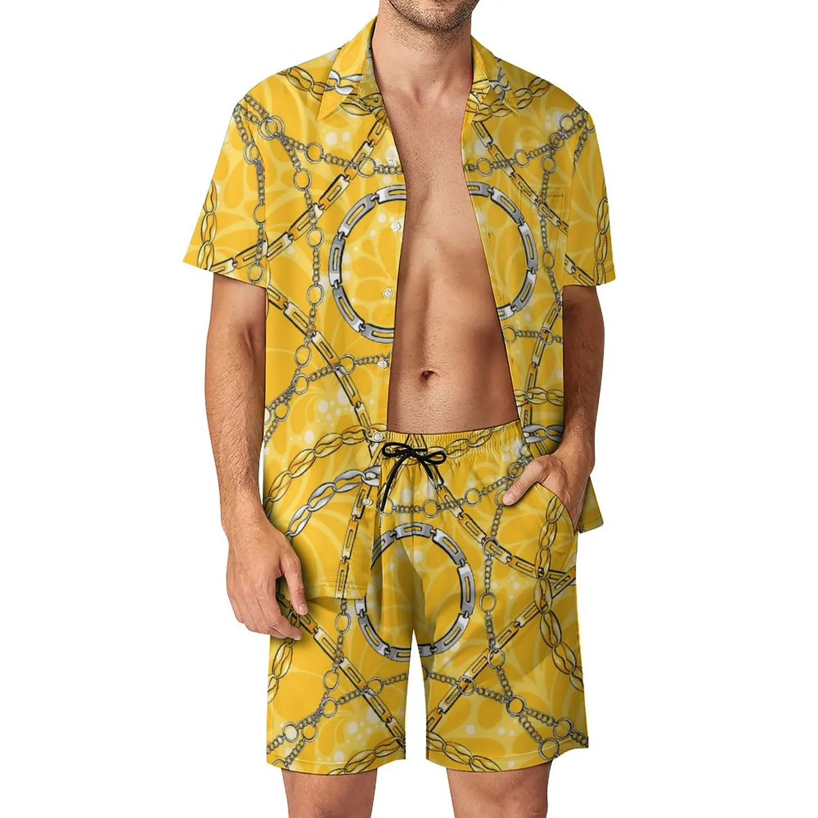 

Винтажный повседневный костюм для мужчин, Пляжная рубашка с короткими рукавами и графическим принтом, комплект с золотистой цепочкой и Дамасским принтом, большие размеры, подарок на день рождения