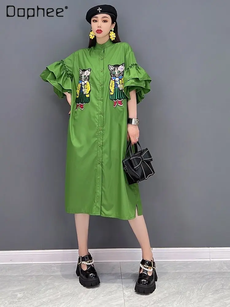 

Fashion Cartoon Embroidered Green Dress for Women 2023 Spring Summer New Ruffled Short Sleeve Half Turtleneck Long Shirt Female