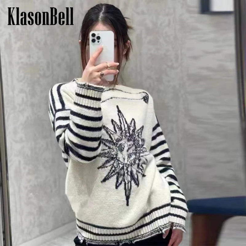 

12,10 KlasonBell модный жаккардовый полосатый двусторонний вязаный пуловер с надписью женский свитер