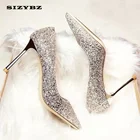 Туфли-лодочки женские свадебные, заостренный носок, высокий каблук-шпилька, хрустальные, серебристые туфли-лодочки для подружки невесты с блестками