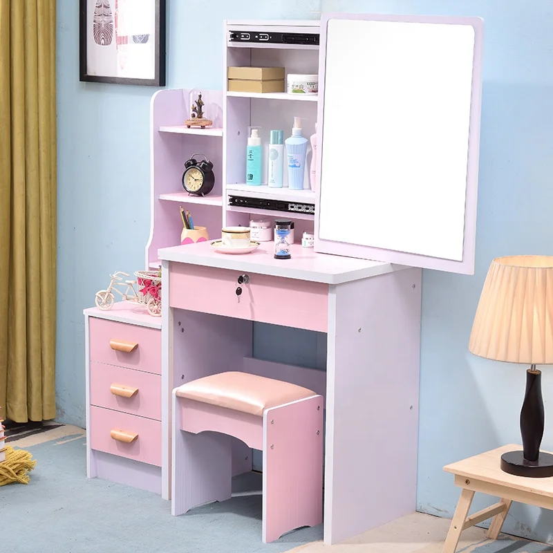 

Hot Sale Home Furniture Women New Model Elegant Pink Rectangle Mirror Dresser Table for Bedroom with Low Stool