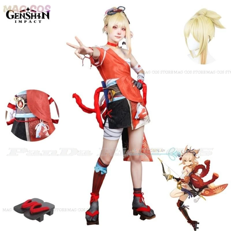 Костюм для косплея Genshin Impact Yoimiya, костюмы для вечеринки, парик Yoimiya, обувь, полный комплект, наряд для ролевых игр, женский костюм на Хэллоуин